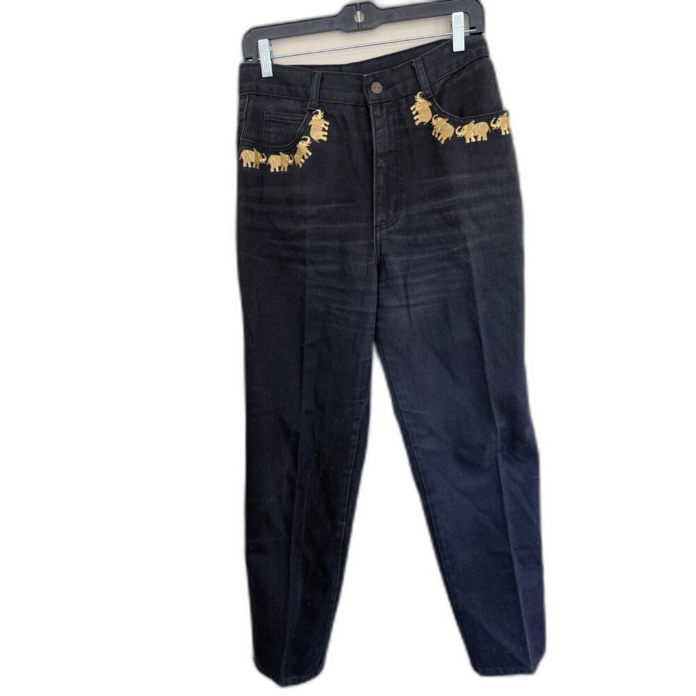 VTG The La Costa Spa Black High Waist Jeans Gold Elephant Embroidery Size 12